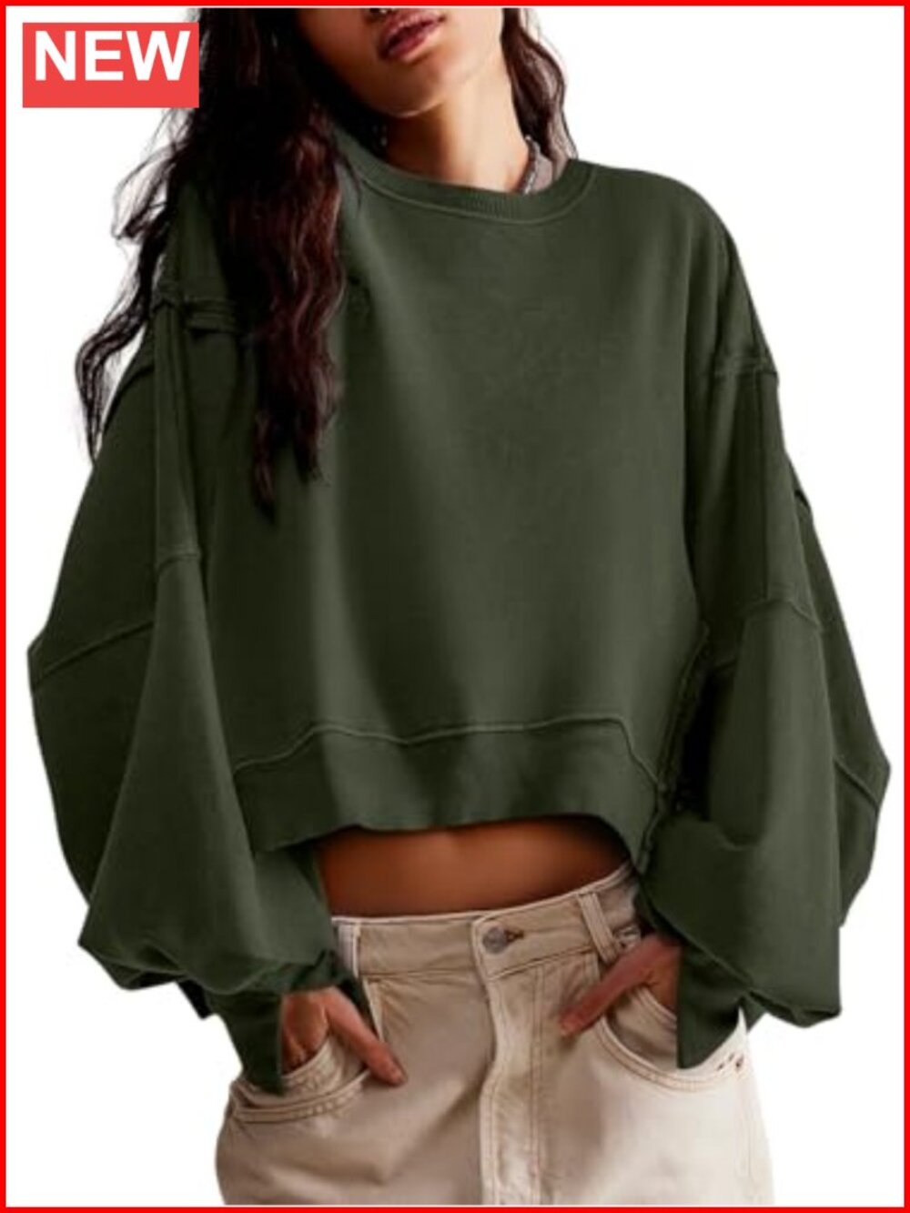 Womens Cropped Pullover Sweatshirt Crew Neck Loose Fit Cotton Blend